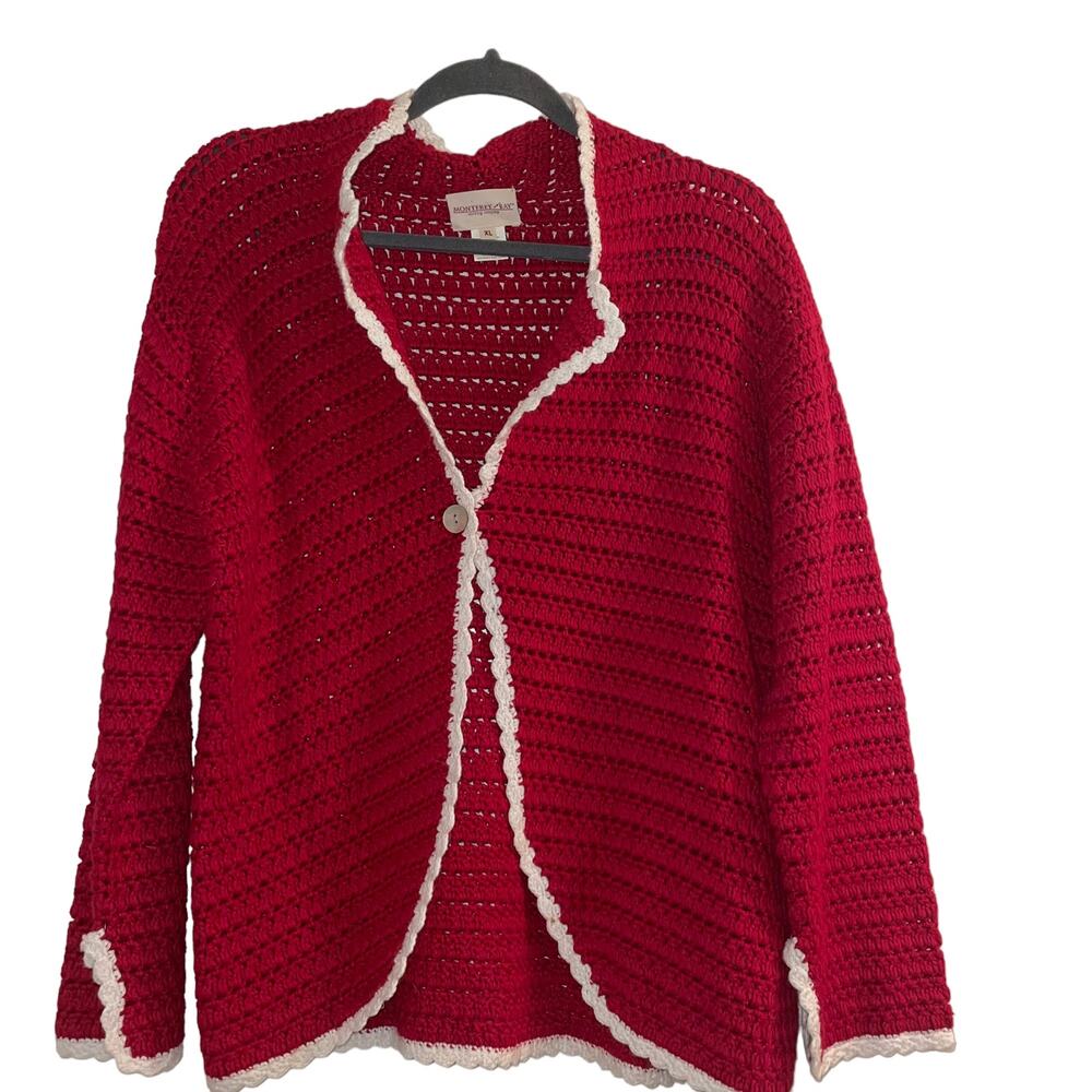 Monterey Bay Retro Cardigan Open Knit Sz XL Red Open Knit Sweater Grannycore